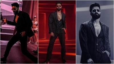 Vicky's outfits in Tauba Tauba are also show-stealers! One of the looks features the actor in a striped suit. While the notch lapel blazer with its tailored fitting hugs Vicky's frame perfectly, the deep neck waistcoat shows off his abs. He styled the outfit with dress shoes and sunglasses.&nbsp; (Instagram)