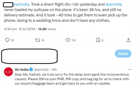 The image shows a customer's exchange with Air India on X. (X/@poojakathail) The image shows a customer's exchange with Air India on X. (X/@poojakathail)