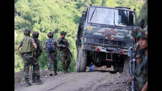 A search operation is underway in the hilly and forested area of Kathua in the Jammu region on Tuesday after the terror attack on an army vehicle left five soldiers dead on Monday. (PTI Photo)