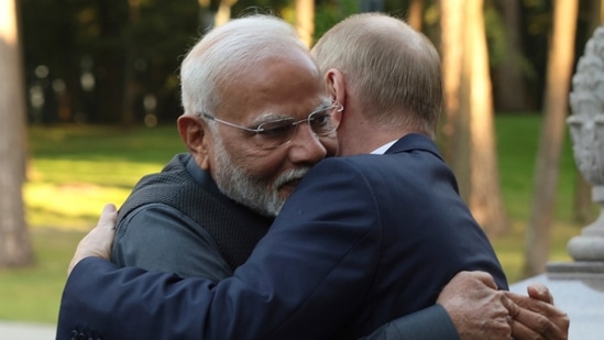 Indian Prime Minister Narendra Modi, left, and Russian President Vladimir Putin embrace during an informal meeting at Novo-Ogaryovo residence, outside Moscow, Russia, Monday, July 8, 2024. AP/PTI(AP07_09_2024_000005B)(AP)