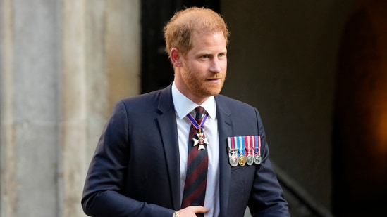 Britain's Prince Harry leaves after attending an Invictus Games Foundation 10th Anniversary Service of Thanksgiving at St Paul's Cathedral in London, Wednesday, May 8, 2024. (AP)