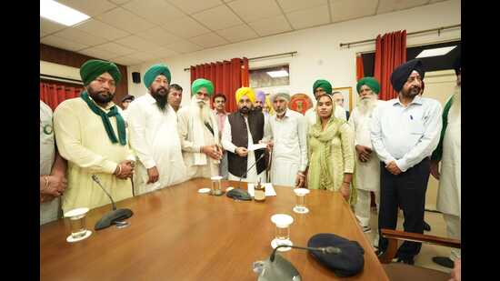 CM Bhagwant Mann handing over cheque to Shubh Karan Singh’s kin in Chandigarh on Tuesday. (HT)