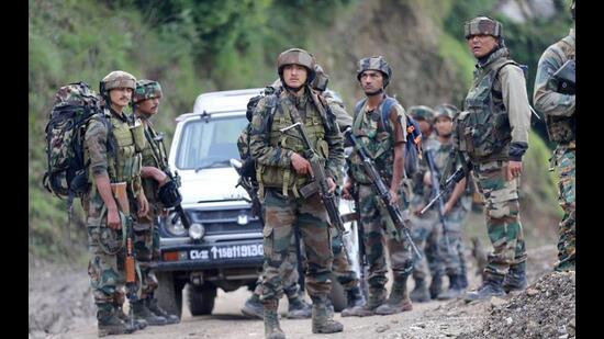 Indian Army personnel during a counter-terror operation following the terrorist attack on an army convoy in Kathua district on Tuesday. Five soldiers were killed in the terrorist attack. (PTI Photo)