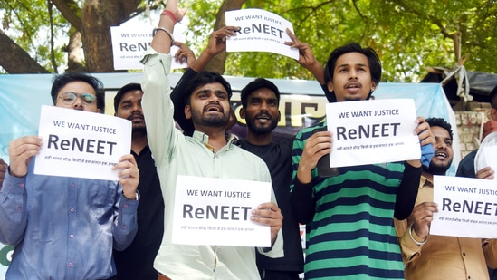NSUI hold protest against NEET-UG exam 2024 irregularities in Varanasi(ANI)