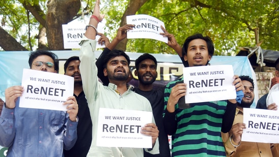 NEET aspirants protest against the alleged irregularities in the NEET-UG examination at Jantar Mantar, in New Delhi on Wednesday.(ANI)