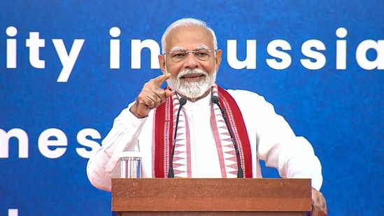 Prime Minister Narendra Modi addresses the Indian community in Russia during a programme in Moscow(PTI)