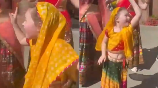 The image shows a Russian toddler in traditional Indian attire performing bhangra on the beats of dhol. (X/@ANI)