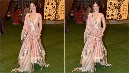 Ananya chose to style the anarakali set with embellished juttis, ornate gold bracelets, statement rings, mang tika, and maximalist chandbalis. Meanwhile, a gajra-adorned bun, rouge-tinted cheeks, darkened brows, and pink lips completed the glam. (Instagram)