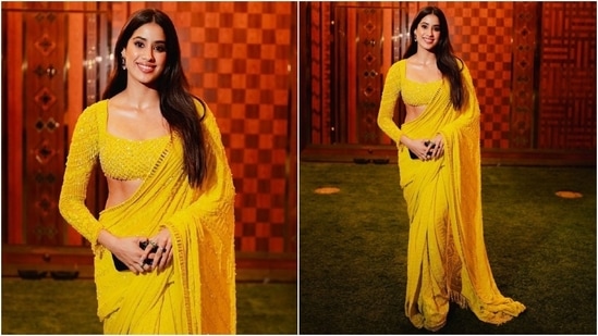 Janhvi Kapoor made a dazzling appearance at Antilia in a Haldi-appropriate yellow saree and full-sleeved blouse. The nine yards of grace feature sequin embroidery, bead embellishments, and tassel work on the borders. Janhvi styled the look with loose locks, dainty earrings, rings, and minimal glam. (Instagram)