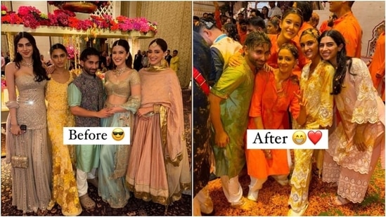 Gen Z stars like Khushi Kapoor, Janhvi Kapoor, Shanaya Kapoor, Ananya Panday, and other celebs brought their fashion A-game to the celebrations. These pictures show the before and after looks of Khushi, Shanaya, Ananya, and Orry after Anant and Radhika's Haldi. Check out our list featuring the best-dressed Gen Z stars inside. (Instagram)