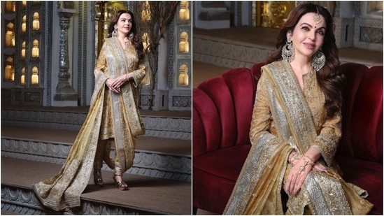 Nita Ambani wore a Manish Malhotra-designed traditional Hyderabadi kurta and double-draped khada dupatta for her Anant Ambani and Radhika Merchant's Haldi ceremony. The ensemble takes inspiration from Chaugoshiya, a 150-year-old sartorial style worn by Hyderabadi Muslim women during their nikah or wedding.&nbsp;(Instagram)