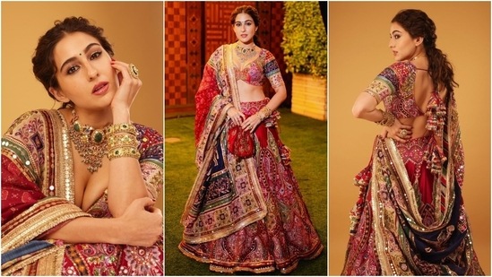 Sara Ali Khan chose a colourful lehenga set for the Haldi ceremony. Her ensemble features a panelled blouse with half-length sleeves, a deep neckline, and a cropped hem. She complemented the skirt and backless choli set with a matching dupatta draped on the shoulder. (Instagram)