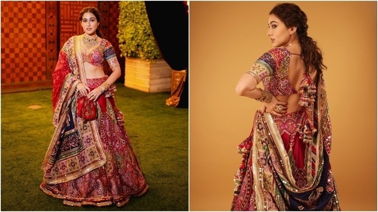 Sara Ali Khan wore a colourful Mayyur Girotra lehenga set for Anant and Radhika's Haldi ceremony. She complemented the skirt and backless choli set with a matching dupatta draped on the shoulder, a messy hairdo, a choker necklace, a potli bag, and rings.&nbsp;(HT Photo/Varinder Chawla)