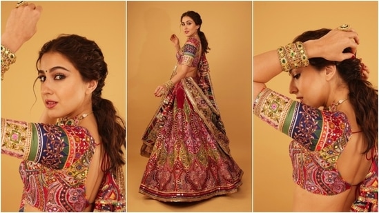 Sara accessorised the traditional lehenga with an embroidered potli bag, a choker necklace, kadhas, and rings. Lastly, she completed her glam with a green bindi, twisted ponytail, kohl-lined eyes, mascara on the lashes, gold eye shadow, feathered brows, pink lips, and feathered brows. (Instagram)