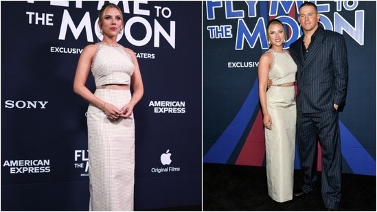 Scarlett Johansson attended the world premiere of Fly Me to the Moon. She wore a cream-coloured sleeveless top featuring sparkling jewelled trim around the collar. She completed the red carpet look with a matching skirt, diamond earrings, pink lips, winged eyeliner, and a centre-parted loose bun.&nbsp;(AFP, AP)