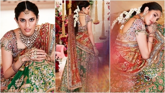 Shloka Mehta chose a custom-designed Anamika Khanna lehenga for Anant Ambani and Radhika Merchant's Haldi function. The lehenga skirt, in a vibrant green shade, features intricate multi-coloured Resham embroidery. Shloka wore it with a floral patterned backless blouse and a dupatta. Lastly, she styled the ensemble with gajra-adorned braided hairdo, kohl-lined eyes, mang tika, a choker necklace, haath phool, kadhas, earrings, and minimal glam.&nbsp;(Instagram)