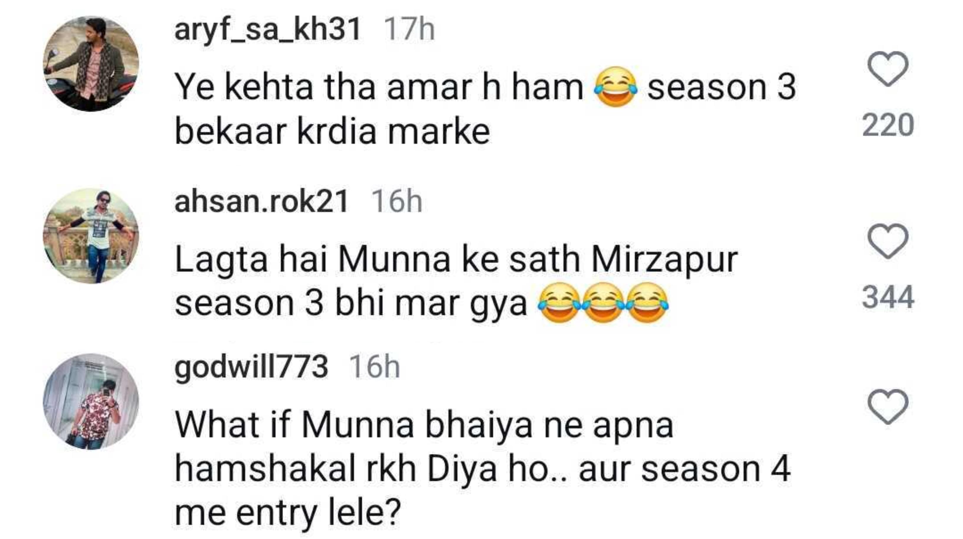 Comment section of post dedicated to Munna Bhaiya