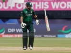 Pakistan's captain Babar Azam throws his bat after losing his wicket during the ICC Men's T20 World Cup cricket match.(PTI)