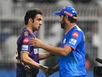 Mumbai Indians' Rohit Sharma (R) greets ex-Kolkata Knight Riders' mentor Gautam Gambhir(AFP) Mumbai Indians' Rohit Sharma (R) greets ex-Kolkata Knight Riders' mentor Gautam Gambhir(AFP)