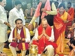 Mumbai, India – July 09, 2024: Maharashtra DCM Ajit Pawar, along with NCP (Ajit Pawar) faction leader Praful Patel, offering prayer at Siddhivinayak Temple, in Mumbai, India, on Tuesday, July 09, 2024. (Photo by Bhushan Koyande/HT Photo) Mumbai, India – July 09, 2024: Maharashtra DCM Ajit Pawar, along with NCP (Ajit Pawar) faction leader Praful Patel, offering prayer at Siddhivinayak Temple, in Mumbai, India, on Tuesday, July 09, 2024. (Photo by Bhushan Koyande/HT Photo)
