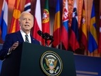 Joe Biden reads carefully from teleprompters during speech at NATO summit in Washington DC (AP Photo/Evan Vucci)