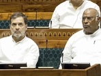 Congress MPs Mallikarjun Kharge and Rahul Gandhi during President Droupadi Murmu's address to the joint sitting of the Parliament, in New Delhi, Thursday, June 27, 2024. 