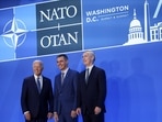 US President Joe Biden, from left, Pedro Sanchez, Spain's prime minister, and Jens Stoltenberg, secretary general of the North Atlantic Treaty Organization (NATO), participate in a welcome handshake during the NATO Summit in Washington, DC, US, on Wednesday, July 10, 2024. US President Joe Biden, from left, Pedro Sanchez, Spain's prime minister, and Jens Stoltenberg, secretary general of the North Atlantic Treaty Organization (NATO), participate in a welcome handshake during the NATO Summit in Washington, DC, US, on Wednesday, July 10, 2024.
