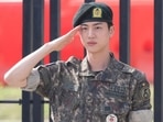 BTS' member Jin saluted after being discharged from military service in June. BTS' member Jin saluted after being discharged from military service in June.