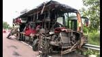 Mangled remains of the bus after it collided with a milk container on Lucknow-Agra Expressway, in Unnao on Wednesday. (ANI Photo) Mangled remains of the bus after it collided with a milk container on Lucknow-Agra Expressway, in Unnao on Wednesday. (ANI Photo)