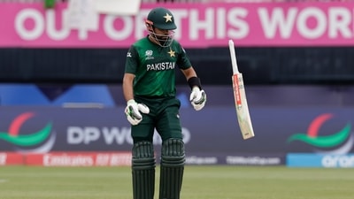 Pakistan's captain Babar Azam throws his bat after losing his wicket during the ICC Men's T20 World Cup cricket match. (PTI) Pakistan's captain Babar Azam throws his bat after losing his wicket during the ICC Men's T20 World Cup cricket match. (PTI)