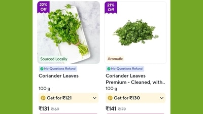 A Zepto customer shared the price of dhaniya on the app. (X/@upadhyay_harsh1) A Zepto customer shared the price of dhaniya on the app. (X/@upadhyay_harsh1)