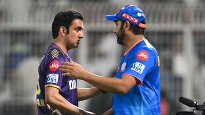 Mumbai Indians' Rohit Sharma (R) greets ex-Kolkata Knight Riders' mentor Gautam Gambhir (AFP) Mumbai Indians' Rohit Sharma (R) greets ex-Kolkata Knight Riders' mentor Gautam Gambhir (AFP)