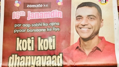 Zomato's full-page ad celebrating its 16th birthday. (X/@vijayshekhar) Zomato's full-page ad celebrating its 16th birthday. (X/@vijayshekhar)