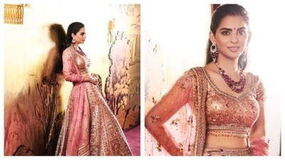 Isha Ambani donned a pink lehenga, radiating a peak desi princess-core aesthetic. This custom Tarun Tahiliani lehenga boasts fine craftsmanship in delicate zardosi work and is made with fine silk. (Instagram/@taruntahiliani) Isha Ambani donned a pink lehenga, radiating a peak desi princess-core aesthetic. This custom Tarun Tahiliani lehenga boasts fine craftsmanship in delicate zardosi work and is made with fine silk. (Instagram/@taruntahiliani)