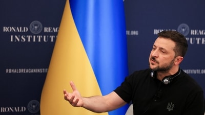 Ukraine's President Volodymyr Zelenskiy delivers remarks at the Ronald Reagan Presidential Foundation and Institute on the sidelines of NATO's 75th anniversary summit in Washington, U.S., July 9, 2024. (REUTERS)