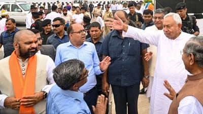 Patna: Bihar Chief Minister Nitish Kumar with Deputy Chief Minister Samarat Choudhry during the inauguration of the section of JP Ganga Pathway, in Patna, Wednesday, July 10, 2024. (PTI Photo)
