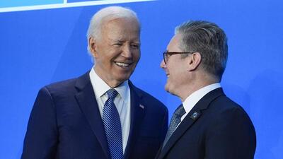 President Joe Biden (left) welcomes British Prime Minister Keir Starmer to the Nato Summit, on Wednesday, in Washington. (AP) President Joe Biden (left) welcomes British Prime Minister Keir Starmer to the Nato Summit, on Wednesday, in Washington. (AP)