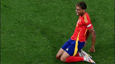 Spain forward Lamine Yamal celebrates scoring his team's first goal in the Euro 2024 semi-final against France in Munich. (AFP) Spain forward Lamine Yamal celebrates scoring his team's first goal in the Euro 2024 semi-final against France in Munich. (AFP)