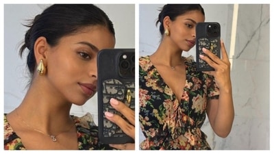 Suhana Khan nails the ultimate summer look in a dreamy floral print dress with a deep v-neckline. She opted for minimal jewellery; a dainty pendant and a chunky golden earring. (Instagram/@suhanakhan2) Suhana Khan nails the ultimate summer look in a dreamy floral print dress with a deep v-neckline. She opted for minimal jewellery; a dainty pendant and a chunky golden earring. (Instagram/@suhanakhan2)