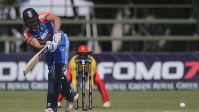 India's Shubman Gill plays a ball at the wicket, during the third T20 match between Zimbabwe and India, at the Harare Sports Club (AP)