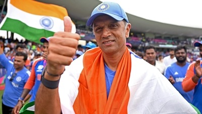 India's head coach Rahul Dravid after Team India wins T20 World Cup 2024 against South Africa at Kensington Oval in Barbados. (ICC - X ) India's head coach Rahul Dravid after Team India wins T20 World Cup 2024 against South Africa at Kensington Oval in Barbados. (ICC - X )