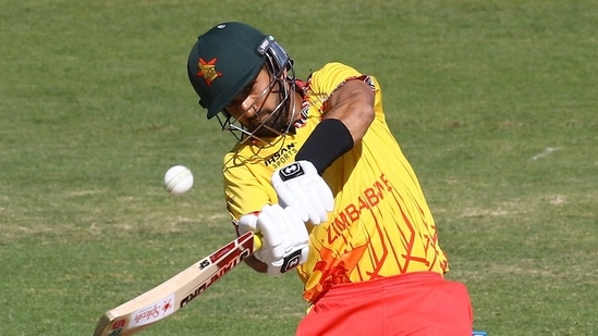 Zimbabwe's Sikandar Raza takes a shot during the T20I against India (AFP)