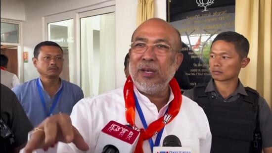 Manipur chief minister N Biren Singh speaks to media persons in Imphal on Wednesday. (PTI)