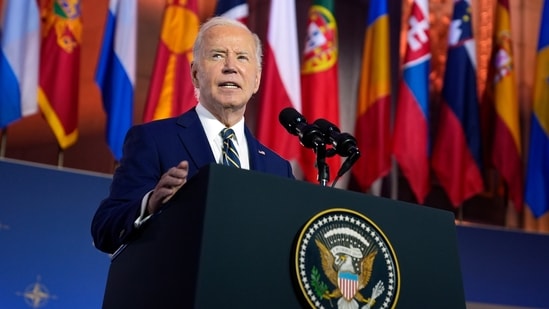 Joe Biden reads carefully from teleprompters during speech at NATO summit in Washington DC (AP Photo/Evan Vucci)(AP)