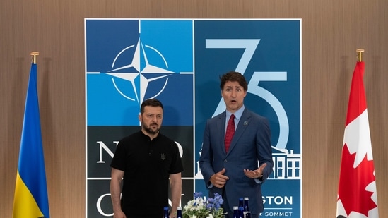 Canada's Prime Minister Justin Trudeau meets with Ukrainian President Volodymyr Zelenskyy at the NATO Summit in Washington, Wednesday, July 10, 2024.(AP)