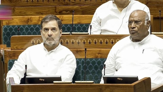 Congress MPs Mallikarjun Kharge and Rahul Gandhi during President Droupadi Murmu's address to the joint sitting of the Parliament, in New Delhi, Thursday, June 27, 2024. (PTI)