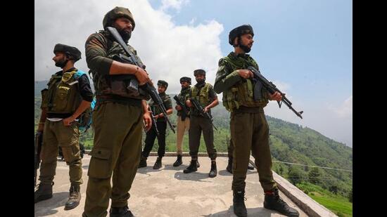 Security forces during a search operation at Bhadnota village in Kathua after the terror attack on an army vehicle that left five soldiers dead on July 9. (PTI Photo)