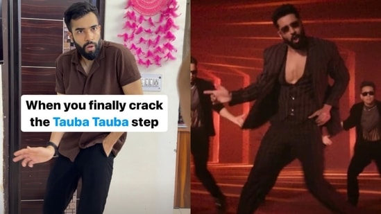Social media influencer Yuvraj Dua (left) dancing to Bad Newz's song Tauba Tauba featuring Vicky Kaushal. (Screengrab)