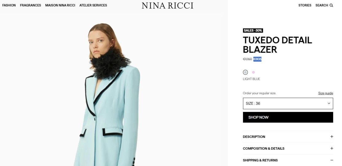 The tuxedo detail blazer is priced at €805 on the official website of Nina Ricci.