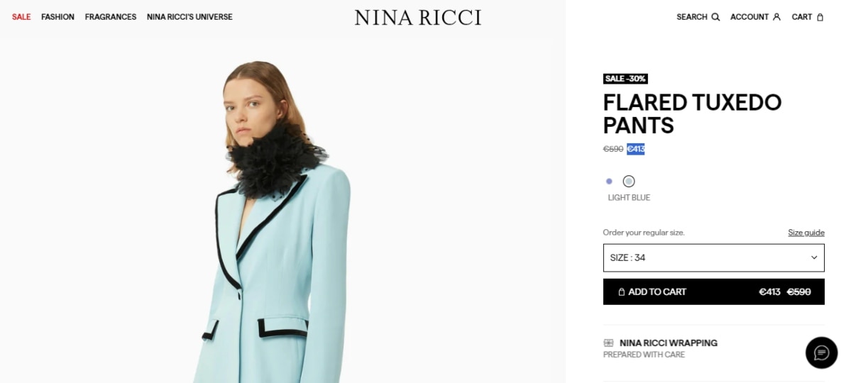 The flared tuxedo pants are priced at €413 on the official website of Nina Ricci